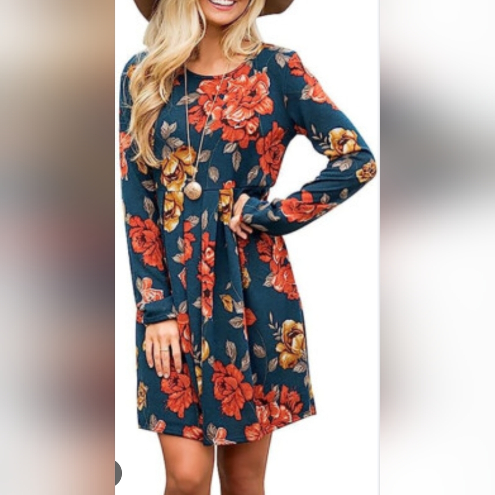 Women’s Casual PRETTY Floral Long Sleeve Tunic Pleated Swing Midi Dress
